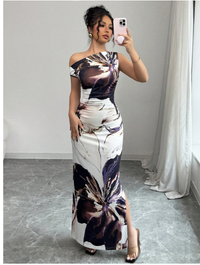 Women's Oblique Shoulder Printed Long Dress