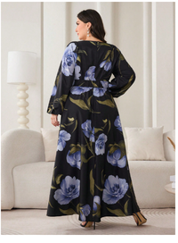 Plus Size Women Holiday Floral Print V-Neck Lantern Sleeve Dress Carousel 3