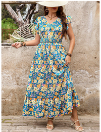 Plus Size Maxi Dress Floral Print Dress Ruffle Sleeves V-Neck Waist Dress Long Dress  Carousel 2