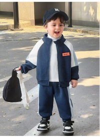 2pcs/Set Baby Boy/Girl Casual Sports Style Drop Shoulder Loose Fleece Patchwork Jacket Top And Ribbed Cuff Pants Outfit