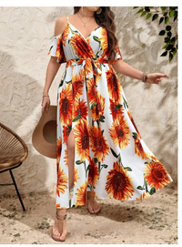Plus Size Women Sunflower Print Adjustable Spaghetti Strap Open Shoulder Slit Carousel 3