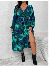 Plus Size Autumn Long Sleeve Dress With High Slit & Floral Print Carousel 5