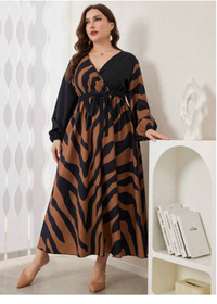  Crossed Collar Zebra Print Splice Waisted Midi Dress