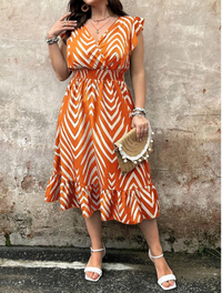  Plus Size Summer Women's Herringbone Print Overlapping V-Neck Cap Sleeves Long Elegant Dress