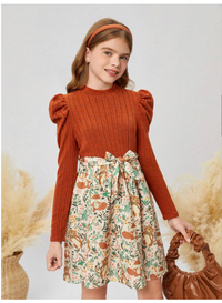 ween Girl Casual Vintage Elegant Knitted Rib Patchwork Ditsy Floral Puff Sleeve Belted A-Line Long Dress Carousel 4