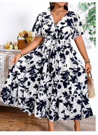 Plus Size Holiday Floral Print Dress Maxi Women Outfit