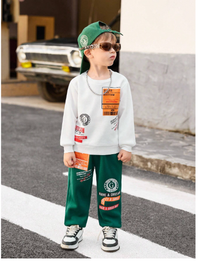 Young Boy Slogan Printed Crew Neck Long Sleeve Sweatshirt And Sweatpants Casual Suit Carousel 4