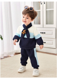 3pcs/Set Infant/Toddler Knitted Textured Jacquard Double Layer Padded Sweatshirt, Pants And Scarf Set 