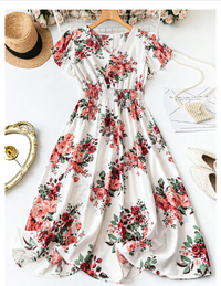 Plus Size Boho Floral Print Surplice Neck Dress