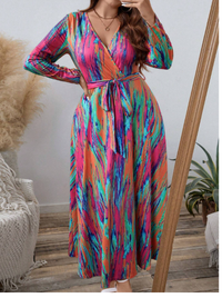 Plus Size Women's Tie-Dye Long Sleeve Elegant Wrap Around Dress Carousel 2