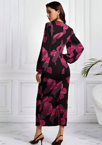 Women's V-Neck Long Sleeve Butterfly Print Casual Long Dress Carousel 1