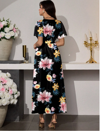 Women's Long V-Neck Floral Print Flounce Sleeve Tie Waist Ruffle Hem Elegant Carousel 1