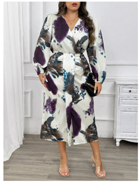 High Slit Pleated Print Dye Unique Wrap V-Neck Long Sleeve Split Hem Midi Dress Set