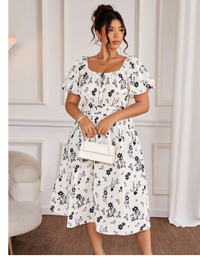 Plus Size Solid Color Floral Print Textured Fabric Square Neck Lantern Short Sleeve Cinched Waist Flared Hem Elegant Long Dress: Carousel 3