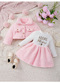 Baby Girl And Child (Girls) Suit Lapel Furry Coat + Letter Printed Long-Sleeved Dress Two-Piece Set