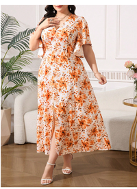 Plus Size Women's V-Neck Orange Floral Print Slim Fit Long Dress Carousel 2