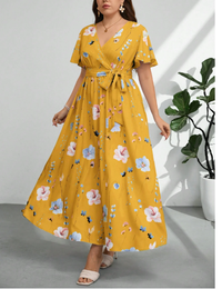 Plus Size Women V-Neck Loose Fit Drawstring Waist Slit Print  Carousel 2