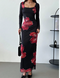  Floral Net Mesh Print Long Sleeve Square Neck 