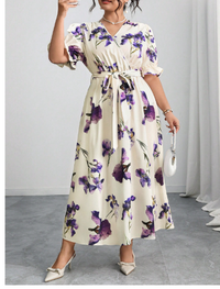 Plus Size V-Neck Puff Sleeve Waist Tie Romantic Floral Print A-Line Dress Carousel 5