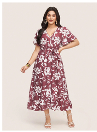Plus Size Women Floral Print Ruffle Sleeve  Carousel 5
