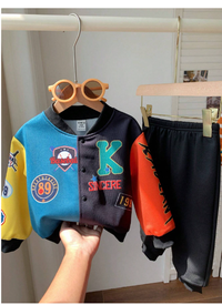 2pcs Set Baby Boys/Girls Casual Sports Style Dropped Shoulder Loose Baseball Collar Jacket & Knitted Jogger Pants Outfit