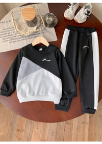 2pcs Young Boys Casual Sports College Street Chic Cute Cool Letter Print Colorblock Sweatshirt + Pants Set