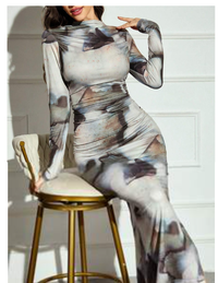Women's Tie-Dye Print Stand Collar Long Sleeve Pleated Fitted Long Dress  Carousel 2