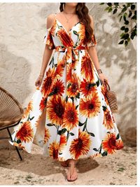 Plus Size Women Sunflower Print Adjustable Spaghetti Strap Open Shoulder Slit Carousel 2
