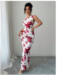 Floral Print Elegant Round Neck Sleeveless Women Dress Carousel 1