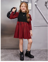 Young Girl Houndstooth Print Gigot Sleeve Dress Carousel 2