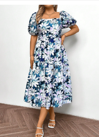 Plus Size Women Fashion All-Over Floral Print Square Neck Ruched Short Sleeve Dress Carousel 4
