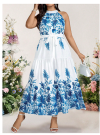  Plus Size Women Elegant Halter Backless Bohemian Floral Print Dress