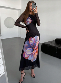 Women's Long Round Neck Mesh Print Fish Tail Fitted  Carousel 6