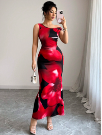 Floral Print Off-The-Shoulder Waist Shaping Fitted Dress