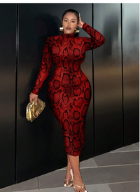 Animal Print Pattern Casual Simple Long Sleeve Bodycon Midi Dress For Plus Size Carousel 4