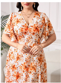 Plus Size Women's V-Neck Orange Floral Print Slim Fit Long Dress