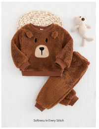 pcs Baby Boy Cartoon Bear Pattern Fleece Thick Crew Neck Long Sleeve Hoodie And Jogger Pants Set Carousel 4