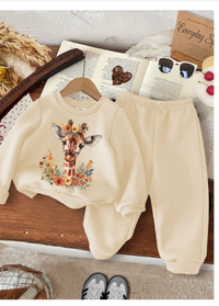 2pcs Baby Girl "Fall Vibes" Cute Giraffe Print Soft Knit Thicken Pullover Sweatshirt & Pants Set