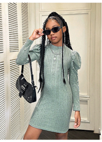 Tween Girls' Casual Solid Color Knitted Stand Collar Long Sleeve Dress Carousel 3