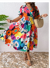 Plus Size Women Summer V-Neck Floral Print Waisted Dress