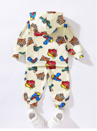 2pcs Baby Boy Cute And Comfortable Cartoon Animal Head Prints Hoodie And Knitted Pants Set 