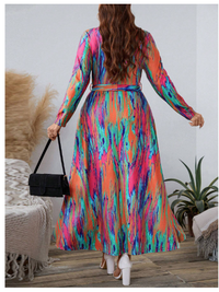 Plus Size Women's Tie-Dye Long Sleeve Elegant Wrap Around Dress Carousel 1