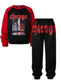 2pcs Set Boys Casual Letter Print Colorblock Long Sleeve Crew Neck T-Shirt And Fleece Pants