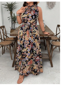 Plus Size Apricot Bohemian Floral Print Halter Maxi Loose  Carousel 1