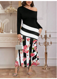 Women's Sexy Form-Fitting Rose Flower Striped Color Block Off Shoulder Long Sleeve Dress Carousel 2