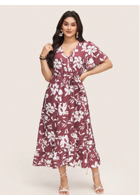 Plus Size Women Floral Print Ruffle Sleeve  Carousel 3