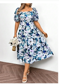 Plus Size Women Fashion All-Over Floral Print Square Neck Ruched Short Sleeve Dress Carousel 2