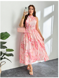 Plus Size Elegant Casual Beach Vacation Pink All-Over Print Halter Gathered Waist High Slit Dress Carousel 3