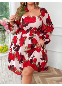 Plus Size V-Neck Red Rose Floral Print Elegant A-Line Midi Dress Carousel 4