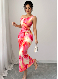 Long Floral Print Slim Fit V-Neck Dress
